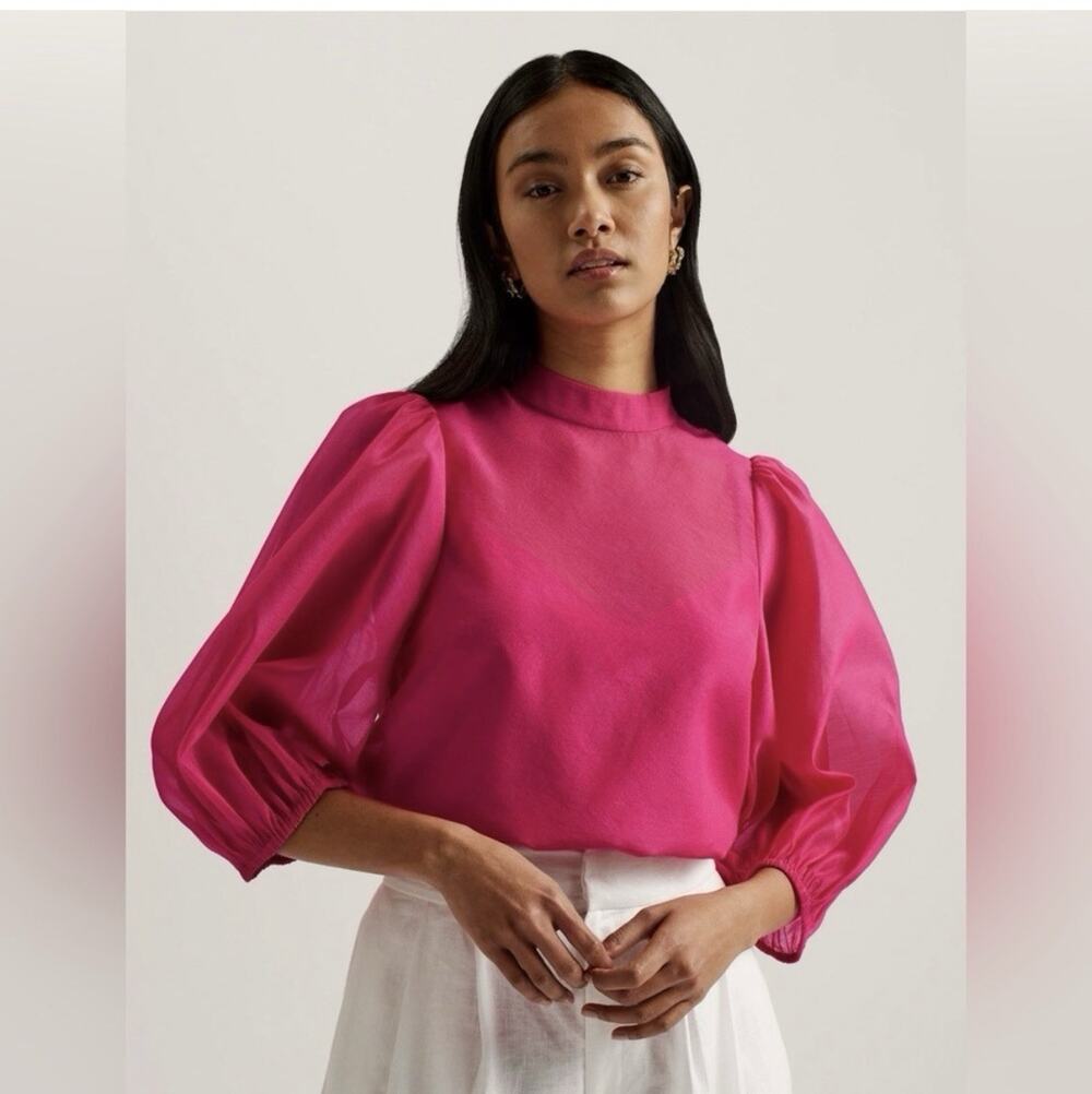 TED BAKER 2 Frias Sheer Organza Blouse Top Balloon Sleeve Fuchsia Pink US 6